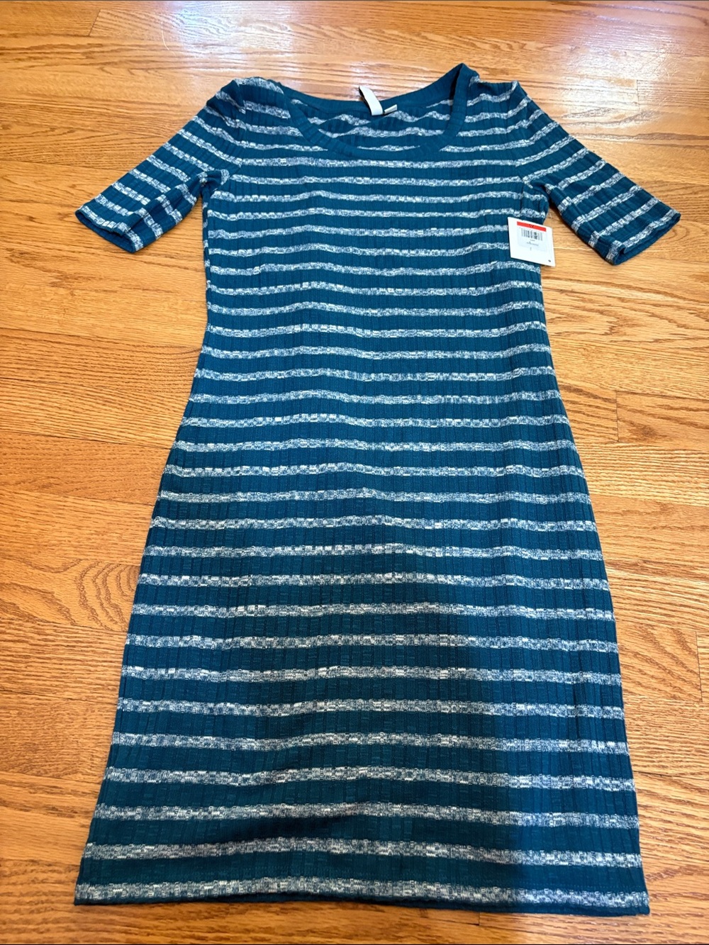 Kensie Teal and Light Gray Striped Knit Midi Dress